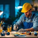 A photograph of a skilled lighting contractor in action