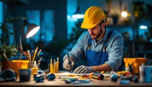 A photograph of a skilled lighting contractor in action