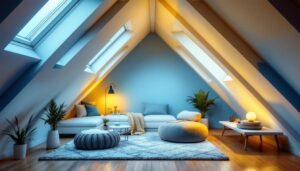 A photograph of an aesthetically pleasing attic space showcasing a variety of lighting options