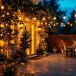 A photograph of a beautifully lit outdoor space featuring a variety of affordable outdoor lights