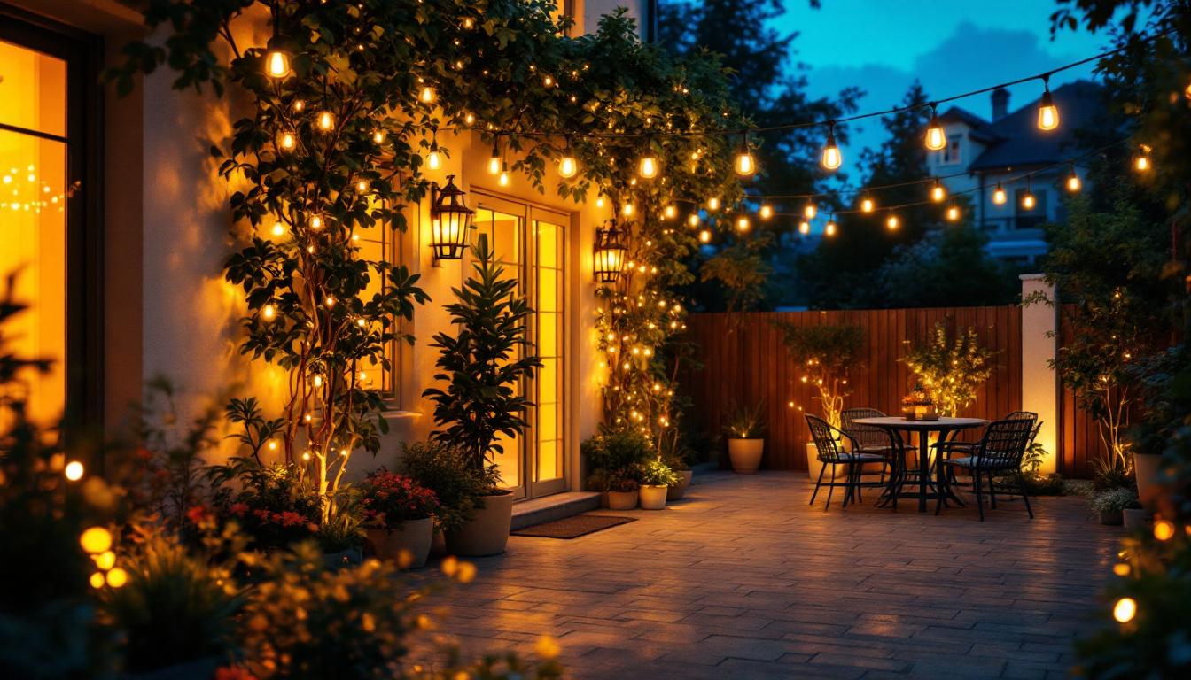 A photograph of a beautifully lit outdoor space featuring a variety of affordable outdoor lights