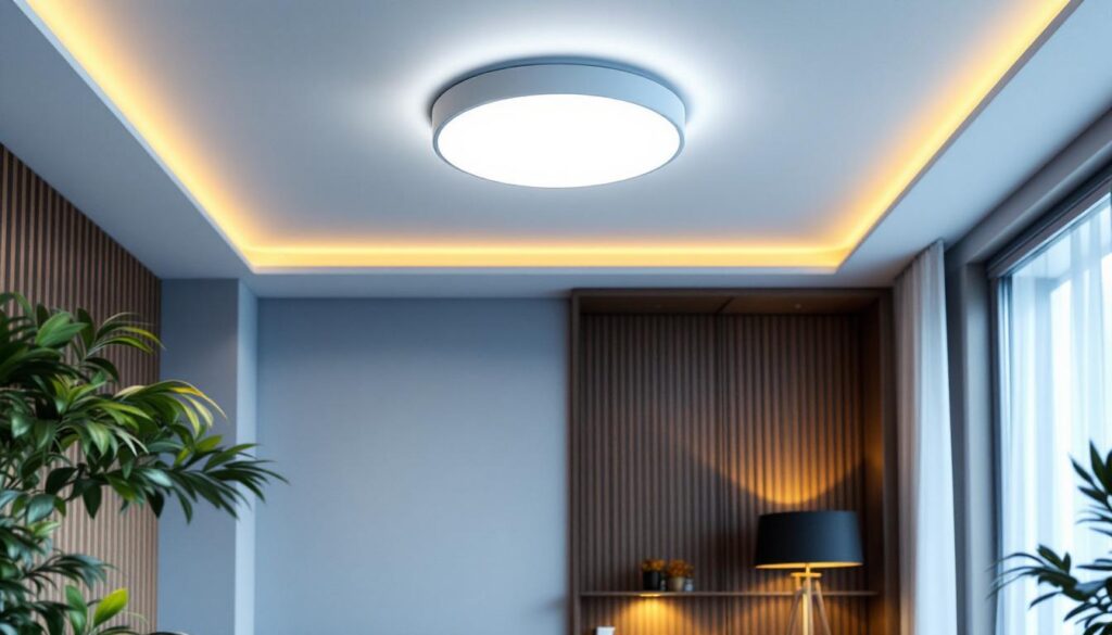 A photograph of a bright and modern flush mount ceiling light installed in a stylish interior setting