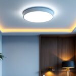 A photograph of a bright and modern flush mount ceiling light installed in a stylish interior setting