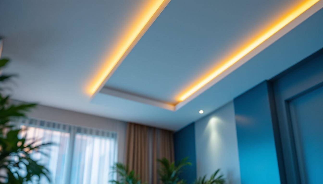 A photograph of a modern interior space featuring faux recessed lighting
