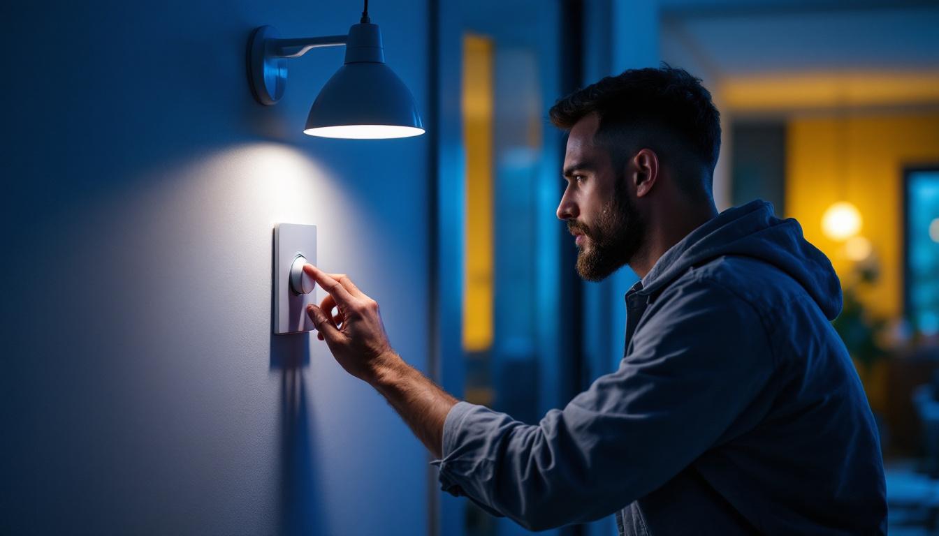 A photograph of a lighting contractor adjusting a dimmer switch on a modern led light fixture in a well-lit residential or commercial space