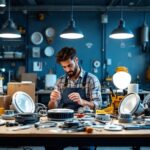 A photograph of a well-organized workbench featuring various ceiling light fixture parts