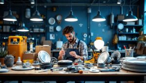 A photograph of a well-organized workbench featuring various ceiling light fixture parts