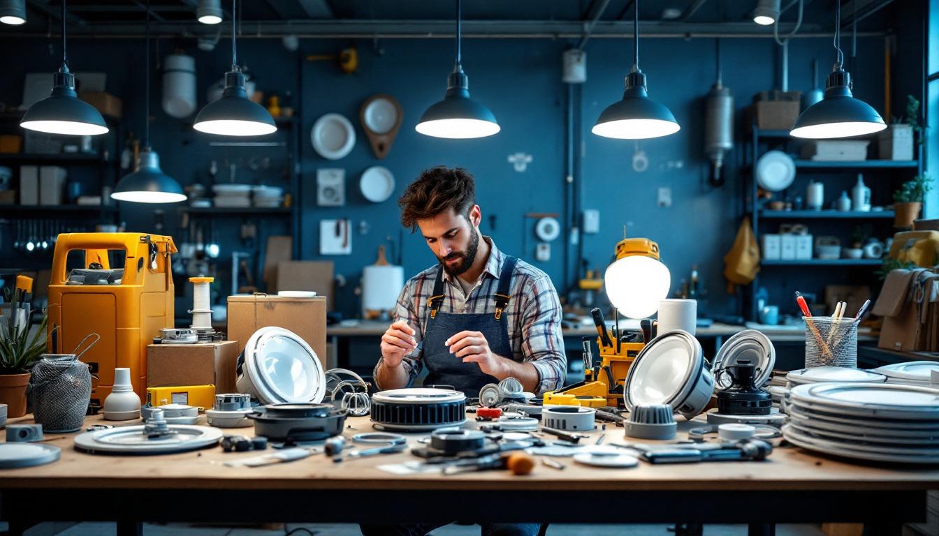 A photograph of a well-organized workbench featuring various ceiling light fixture parts
