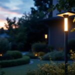 A photograph of a beautifully illuminated solar light pole in a well-landscaped yard during dusk