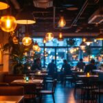 A photograph of a beautifully lit restaurant interior that showcases various lighting fixtures and their effects on the ambiance