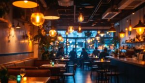A photograph of a beautifully lit restaurant interior that showcases various lighting fixtures and their effects on the ambiance