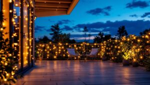 A photograph of a beautifully lit outdoor space featuring solar outdoor led rope lights elegantly draped along a patio