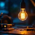 A photograph of a close-up of a flickering lightbulb in a dimly lit environment
