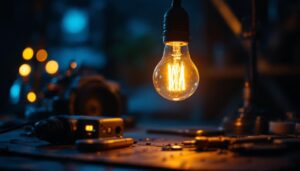 A photograph of a close-up of a flickering lightbulb in a dimly lit environment