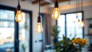 A photograph of a stylish hanging bulb light fixture in a modern residential or commercial setting