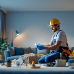 A photograph of a lighting contractor working on the installation of led downlights in a modern interior space
