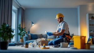 A photograph of a lighting contractor working on the installation of led downlights in a modern interior space