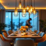 A photograph of a beautifully arranged dining or living space featuring stylish chain ceiling lights