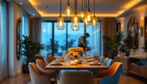 A photograph of a beautifully arranged dining or living space featuring stylish chain ceiling lights