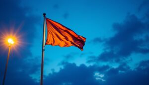 A photograph of a well-lit flagpole at dusk