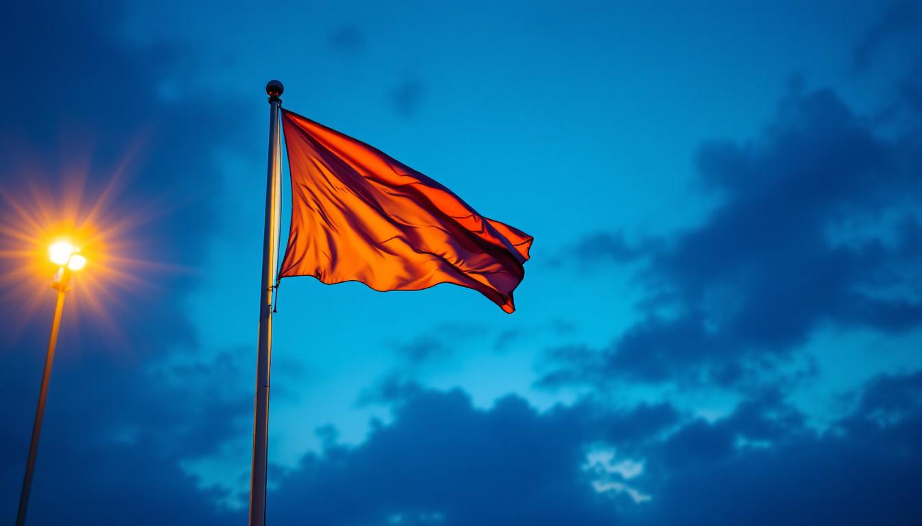 A photograph of a well-lit flagpole at dusk