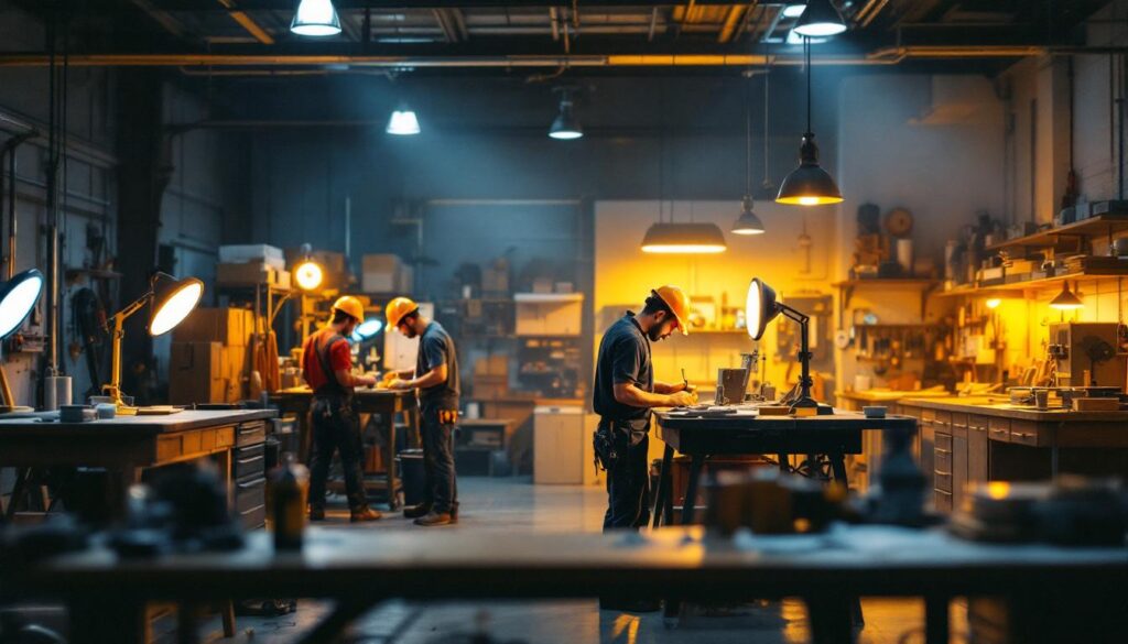 A photograph of a well-lit workshop or garage environment featuring bright led shop lights in action