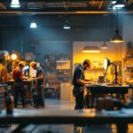 A photograph of a well-lit workshop or garage environment featuring bright led shop lights in action