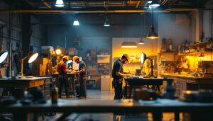 A photograph of a well-lit workshop or garage environment featuring bright led shop lights in action