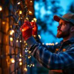 A photograph of a lighting contractor expertly installing vibrant led light strings in an outdoor setting