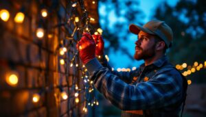 A photograph of a lighting contractor expertly installing vibrant led light strings in an outdoor setting