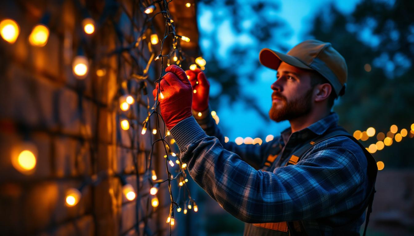 A photograph of a lighting contractor expertly installing vibrant led light strings in an outdoor setting