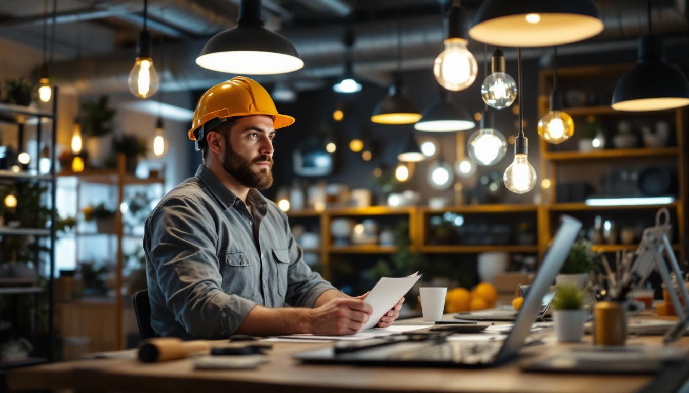 A photograph of a skilled lighting contractor engaged in a consultation with clients