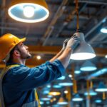 A photograph of a well-lit industrial space showcasing various ceiling light fixtures