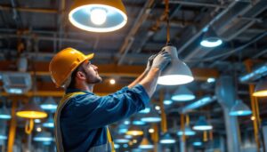 A photograph of a well-lit industrial space showcasing various ceiling light fixtures