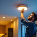 A photograph of a skilled lighting contractor installing a sleek led recessed light fixture in a modern home setting