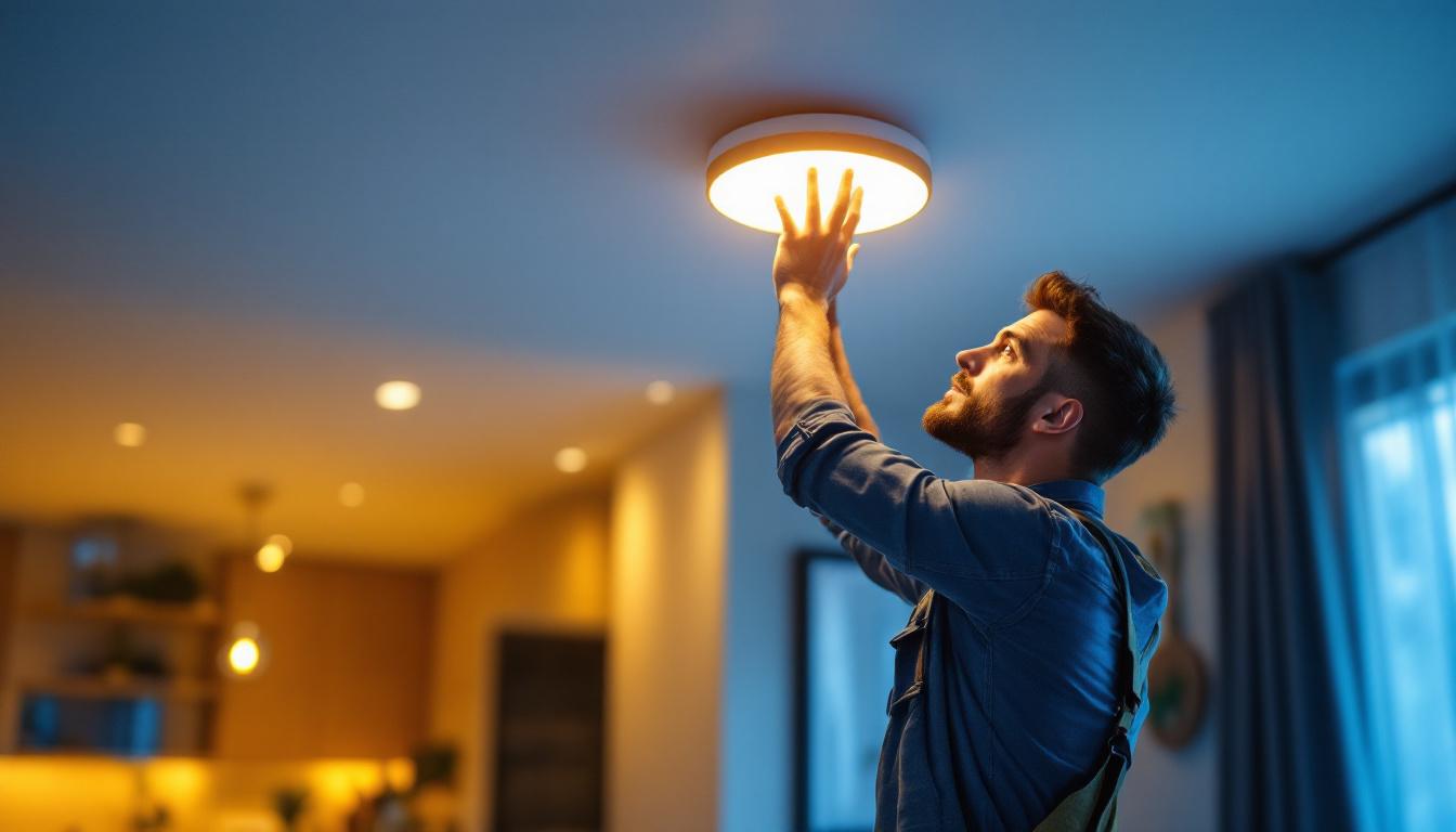 A photograph of a skilled lighting contractor installing a sleek led recessed light fixture in a modern home setting