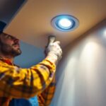 A photograph of a lighting contractor installing angled recessed can lights in a modern home