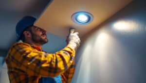 A photograph of a lighting contractor installing angled recessed can lights in a modern home