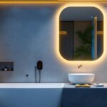 A photograph of a modern bathroom featuring stylish and innovative lighting fixtures