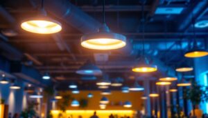 A photograph of a modern commercial space showcasing various led light fixtures in use