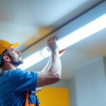A photograph of a lighting contractor installing or adjusting a 2 ft fluorescent light fixture in a commercial or residential setting