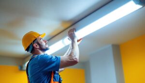 A photograph of a lighting contractor installing or adjusting a 2 ft fluorescent light fixture in a commercial or residential setting