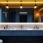 A photograph of a stylish bathroom featuring sleek track lighting that highlights modern fixtures and creates a warm