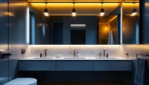 A photograph of a stylish bathroom featuring sleek track lighting that highlights modern fixtures and creates a warm