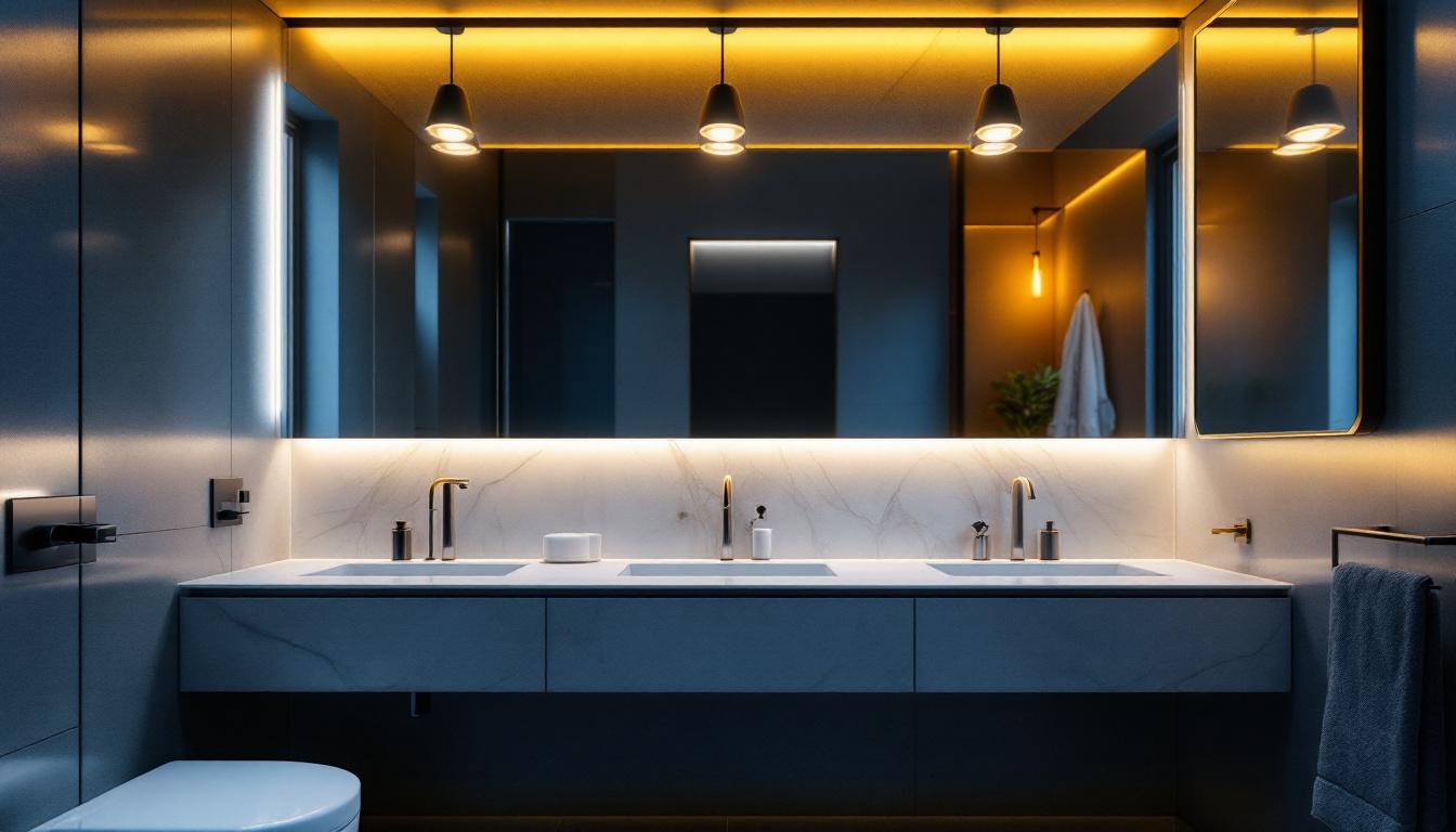 A photograph of a stylish bathroom featuring sleek track lighting that highlights modern fixtures and creates a warm