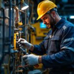 A photograph of a skilled lighting contractor working with a step-down transformer