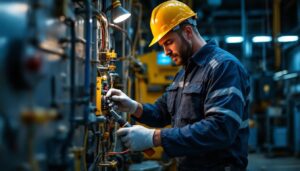 A photograph of a skilled lighting contractor working with a step-down transformer