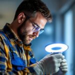 A photograph of a lighting contractor inspecting and installing led can light trims in a modern home setting