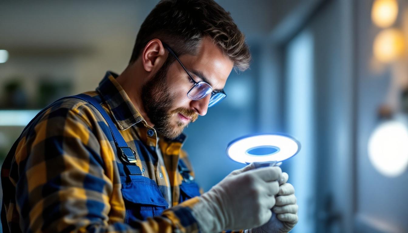 A photograph of a lighting contractor inspecting and installing led can light trims in a modern home setting