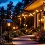 A photograph of a beautifully illuminated outdoor space featuring led solar lights